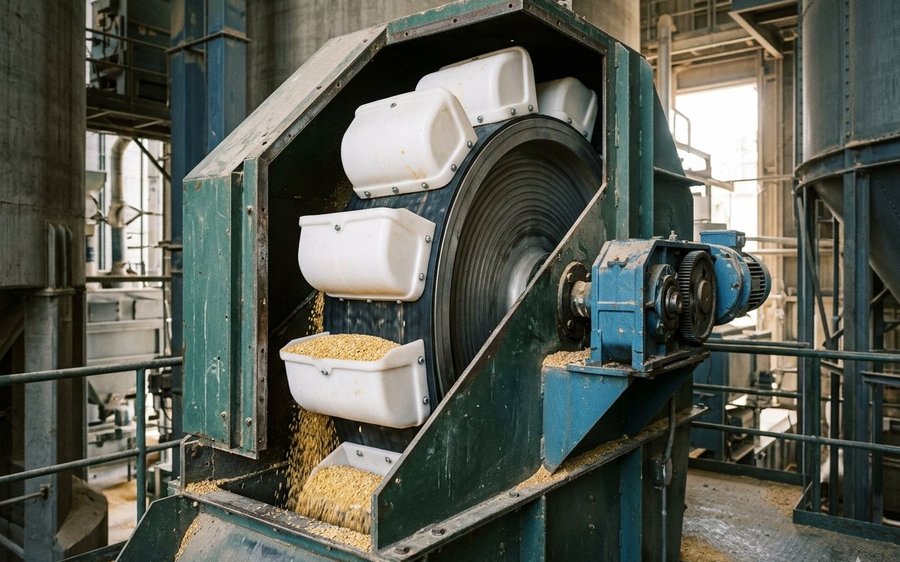 Canecas industriais montadas em correia elevadora